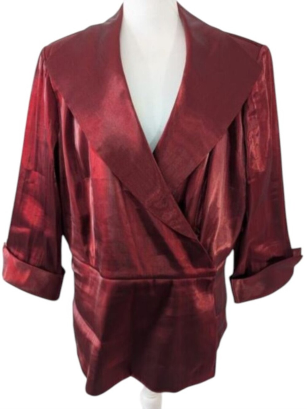 DRESSBARN WOMAN! IRIDESCENT RUBY RED WIDE LAPEL, CRISS-CROSS BLOUSE! SZ 16W